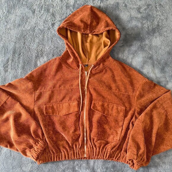 Zaful Brown Ribbed Cropped Hoodie Women's Large Corduroy Jacket - Picture 2 of 16